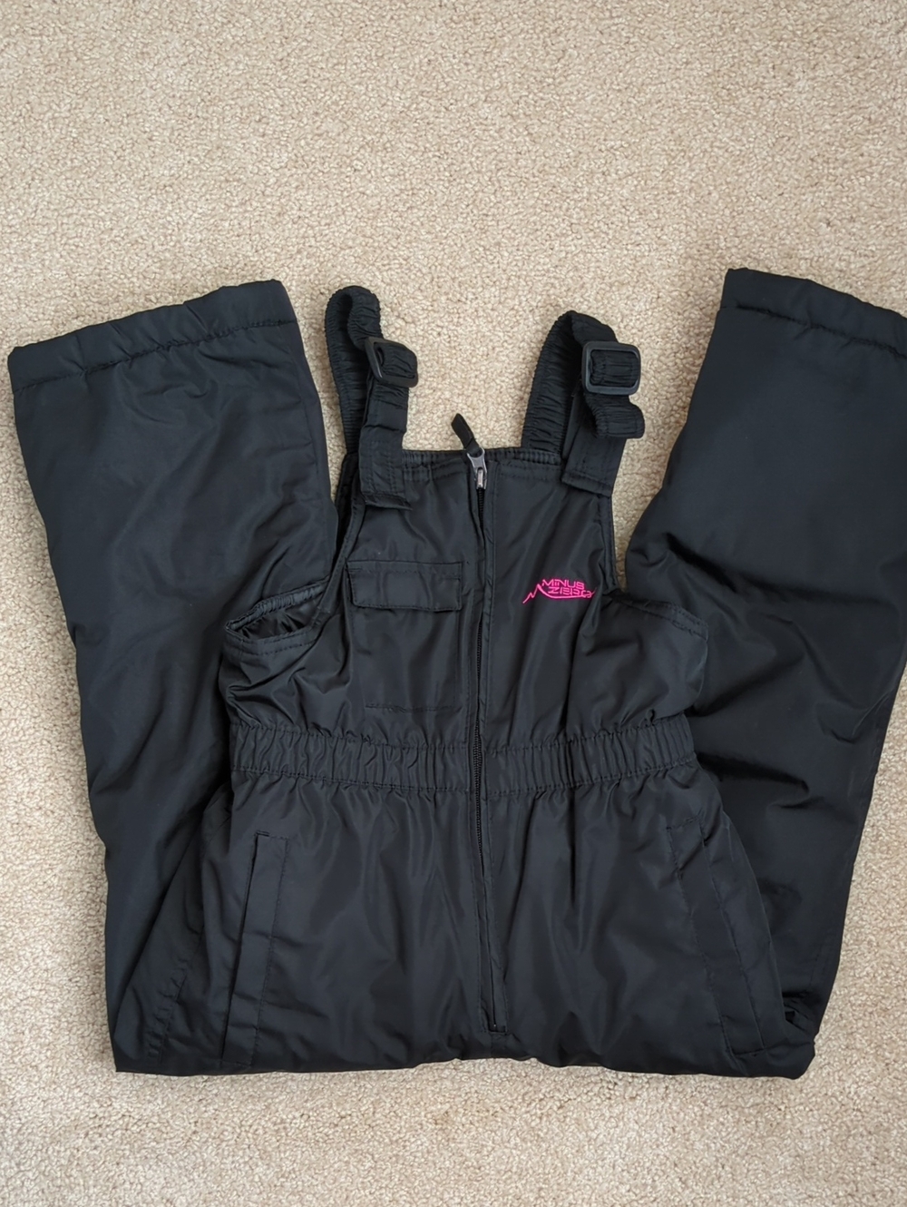 Minus Zero Kids Black Snow Bibs with Pink Logo
